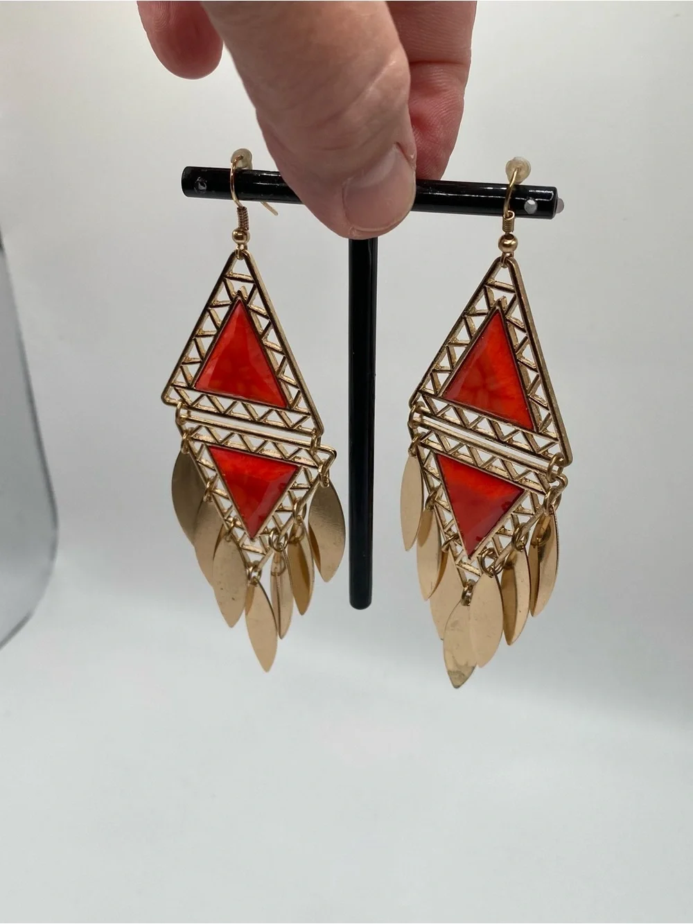 Bohemian Gold-Tone Red Triangle Dangle Earrings